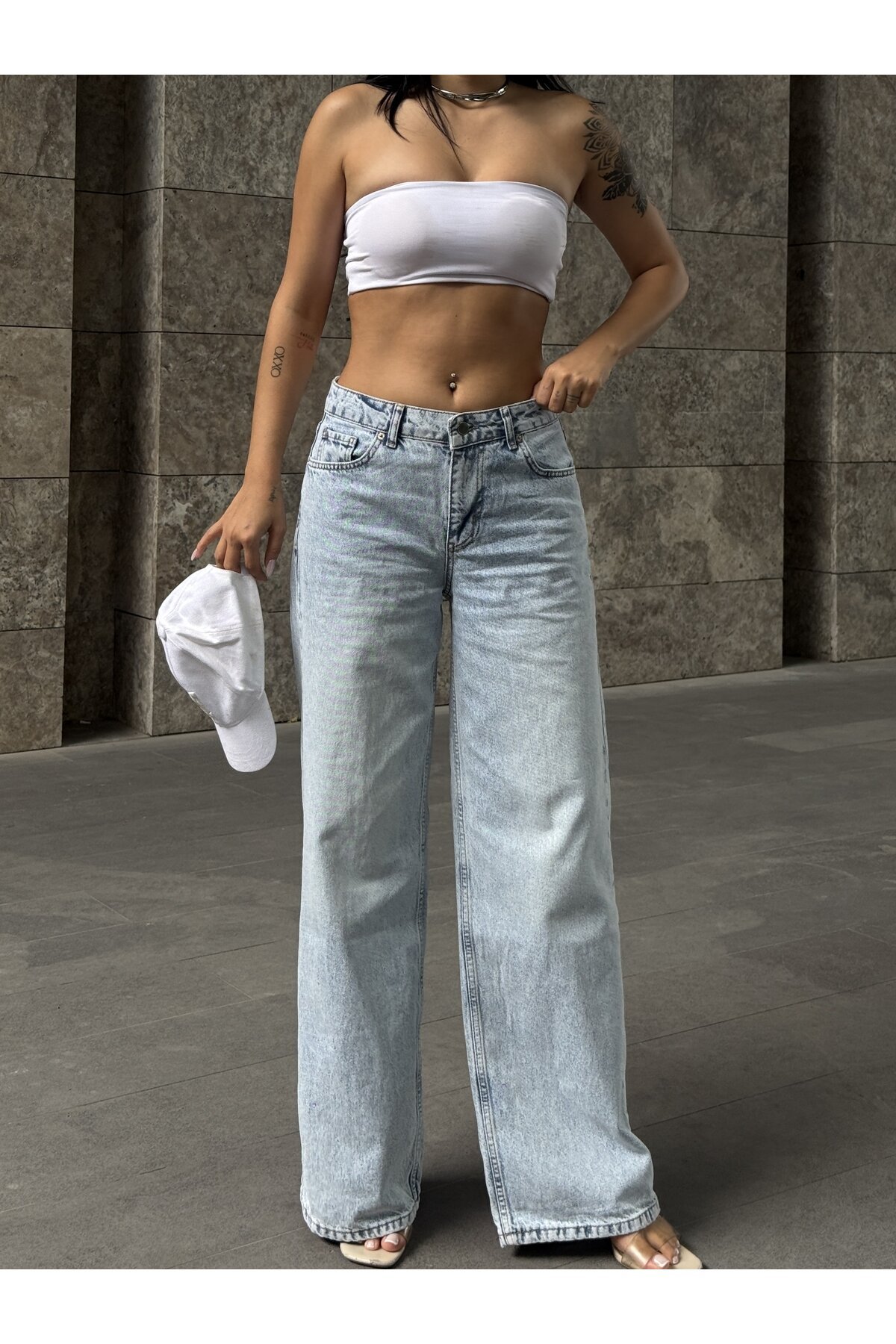 Açık Mavi Düz Kesim Wide Leg Jean Pantolon