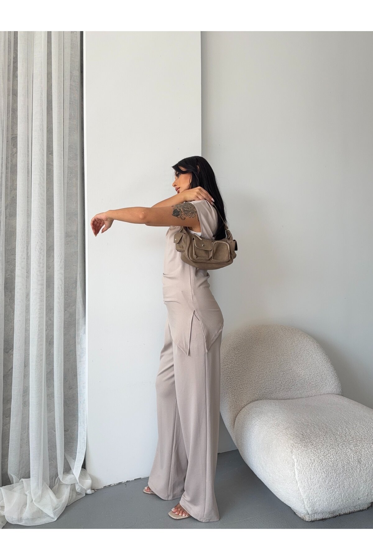 Asimetrik Bluz ve Pantalon Takım Bej
