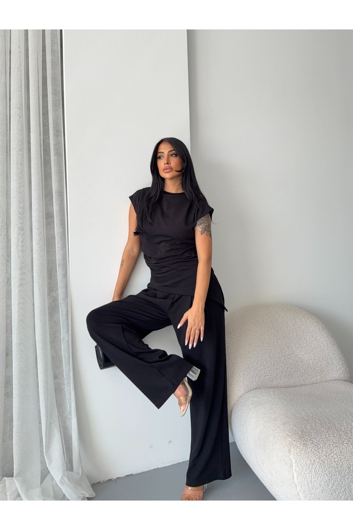 Asimetrik Bluz ve Pantalon Takım Siyah