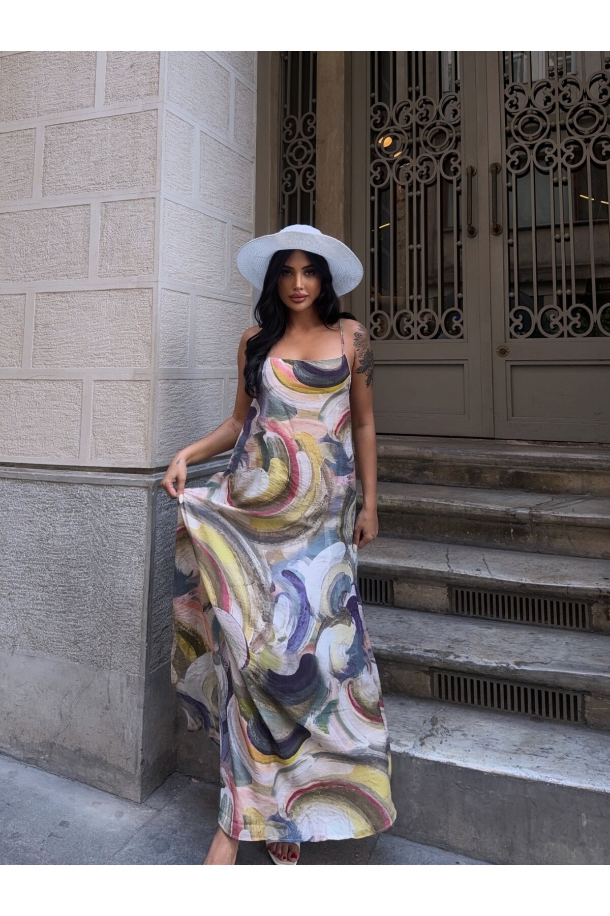 Askılı Desenli Maxi Elbise