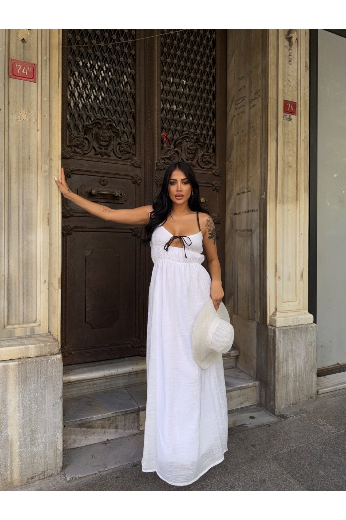 Askılı Göğüs Bağlama Detay Keten Elbise Beyaz