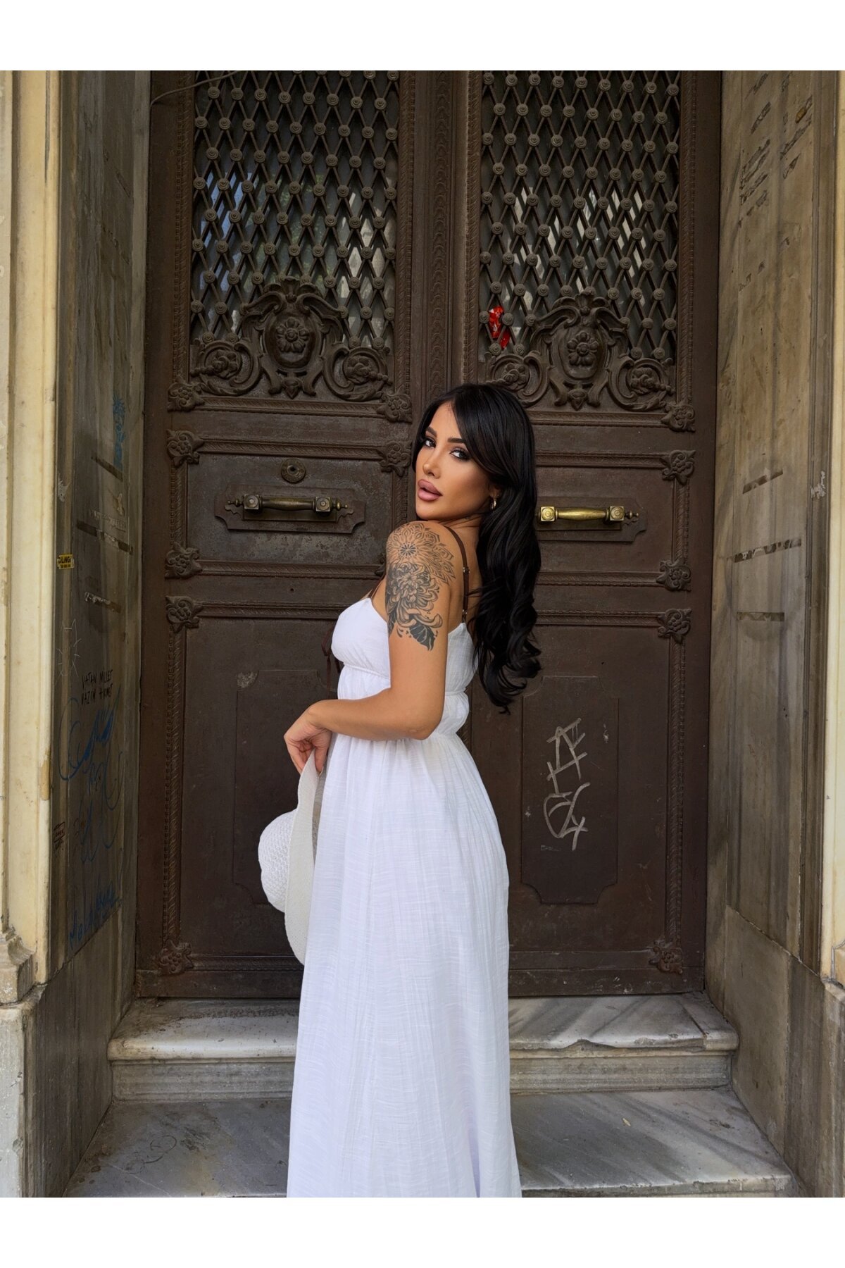 Askılı Göğüs Bağlama Detay Keten Elbise Beyaz