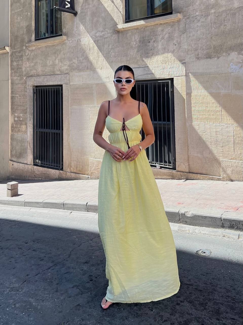 Askılı Göğüs Bağlama Detay Keten Elbise Sarı