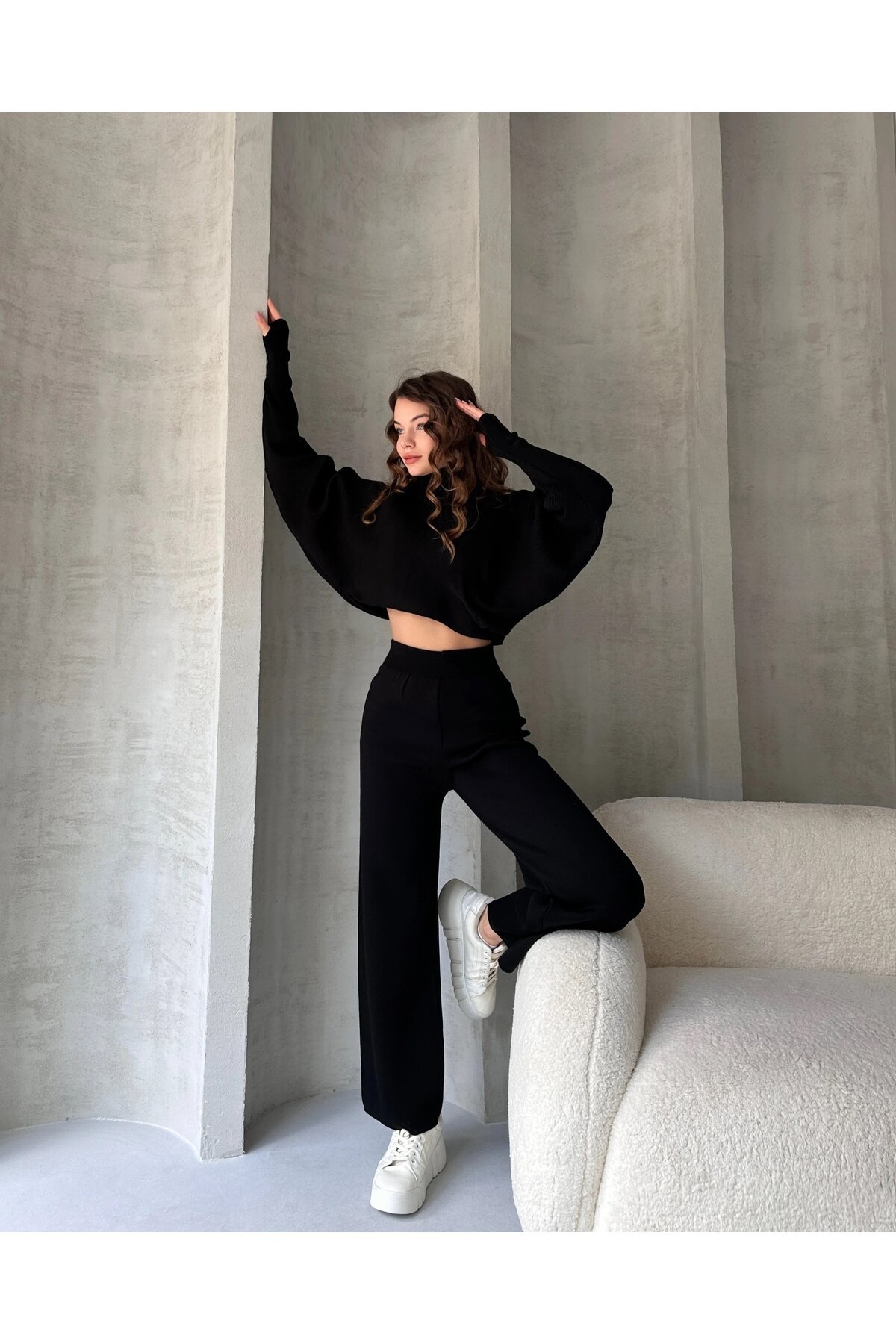 Balıkçı Crop Kazak ve Pantolon Triko Takım