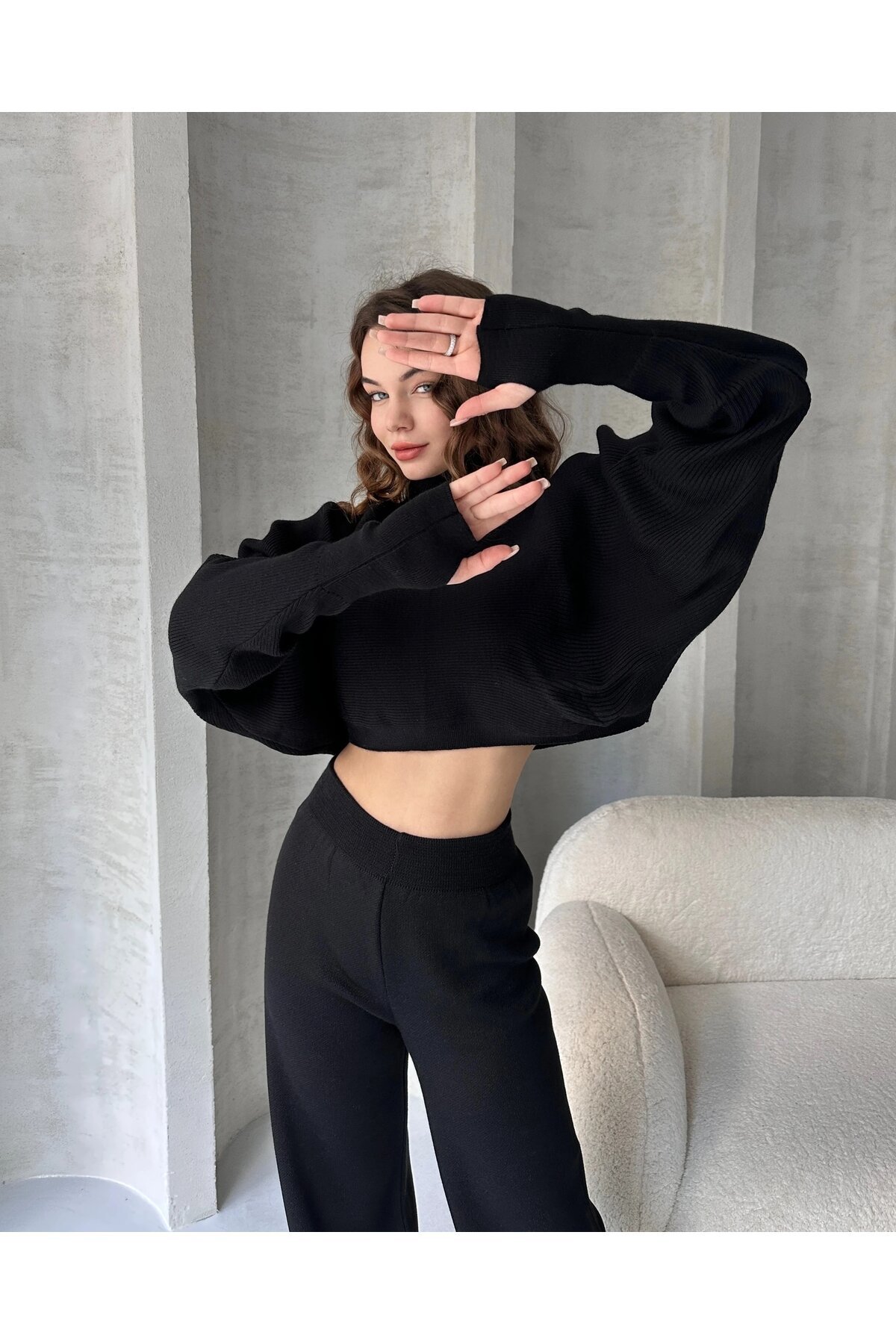 Balıkçı Crop Kazak ve Pantolon Triko Takım