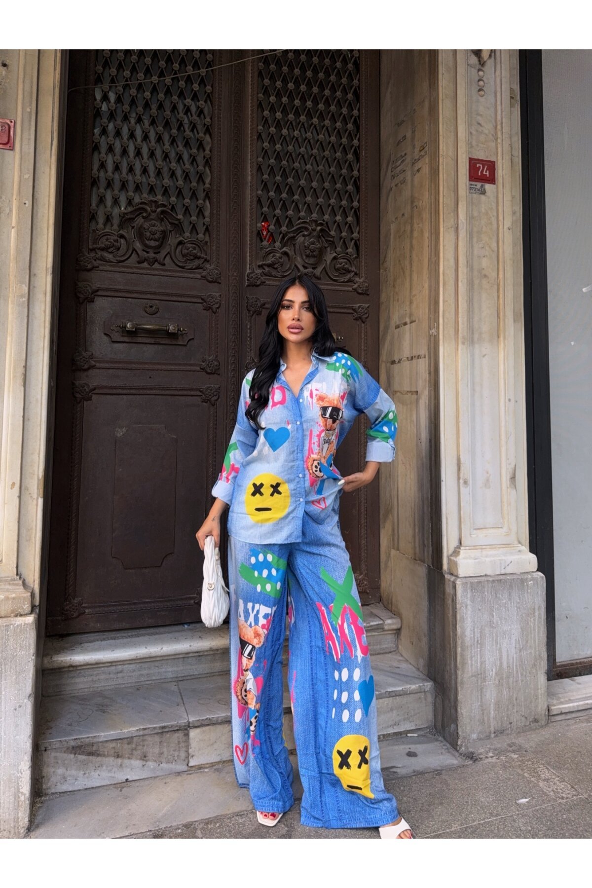 Baskılı Jean Efekt Gömlek Pantalon Takım