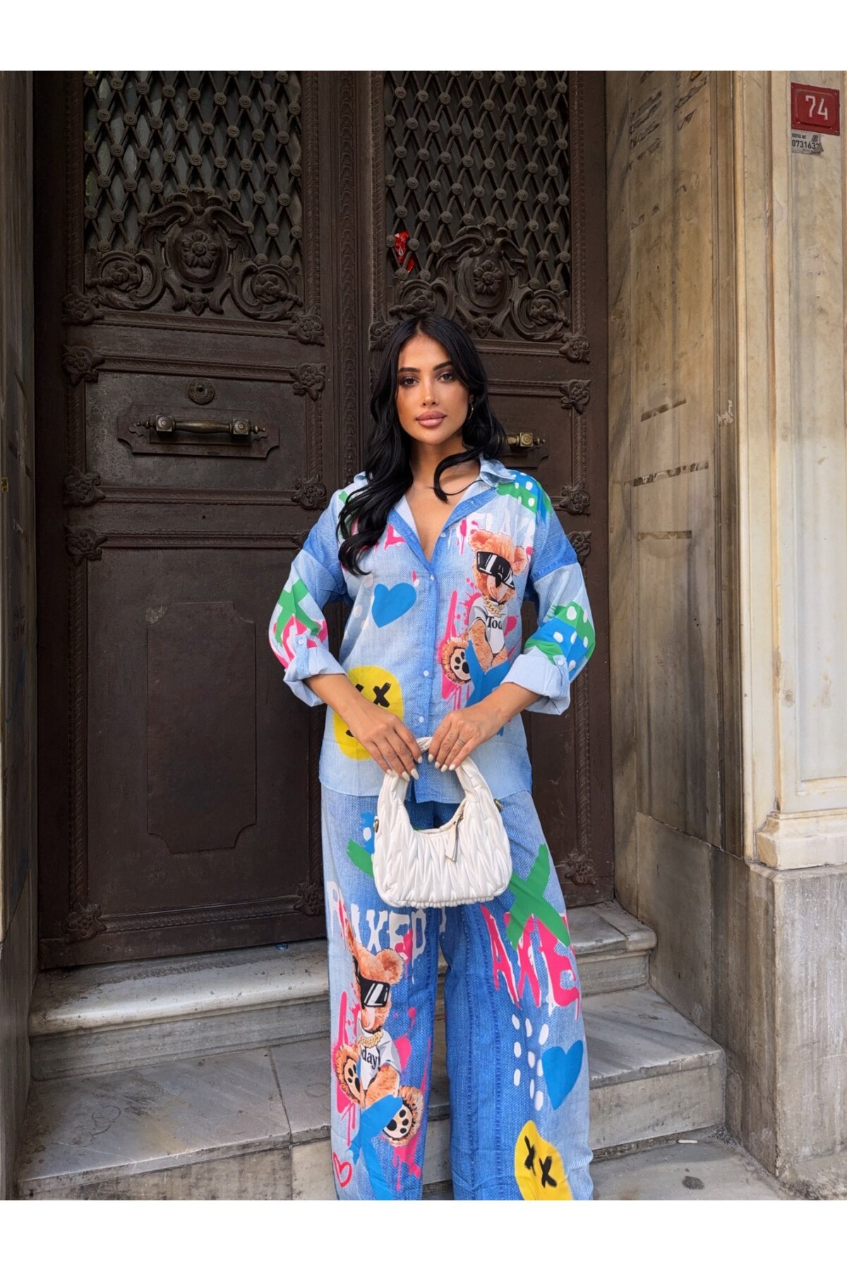 Baskılı Jean Efekt Gömlek Pantalon Takım
