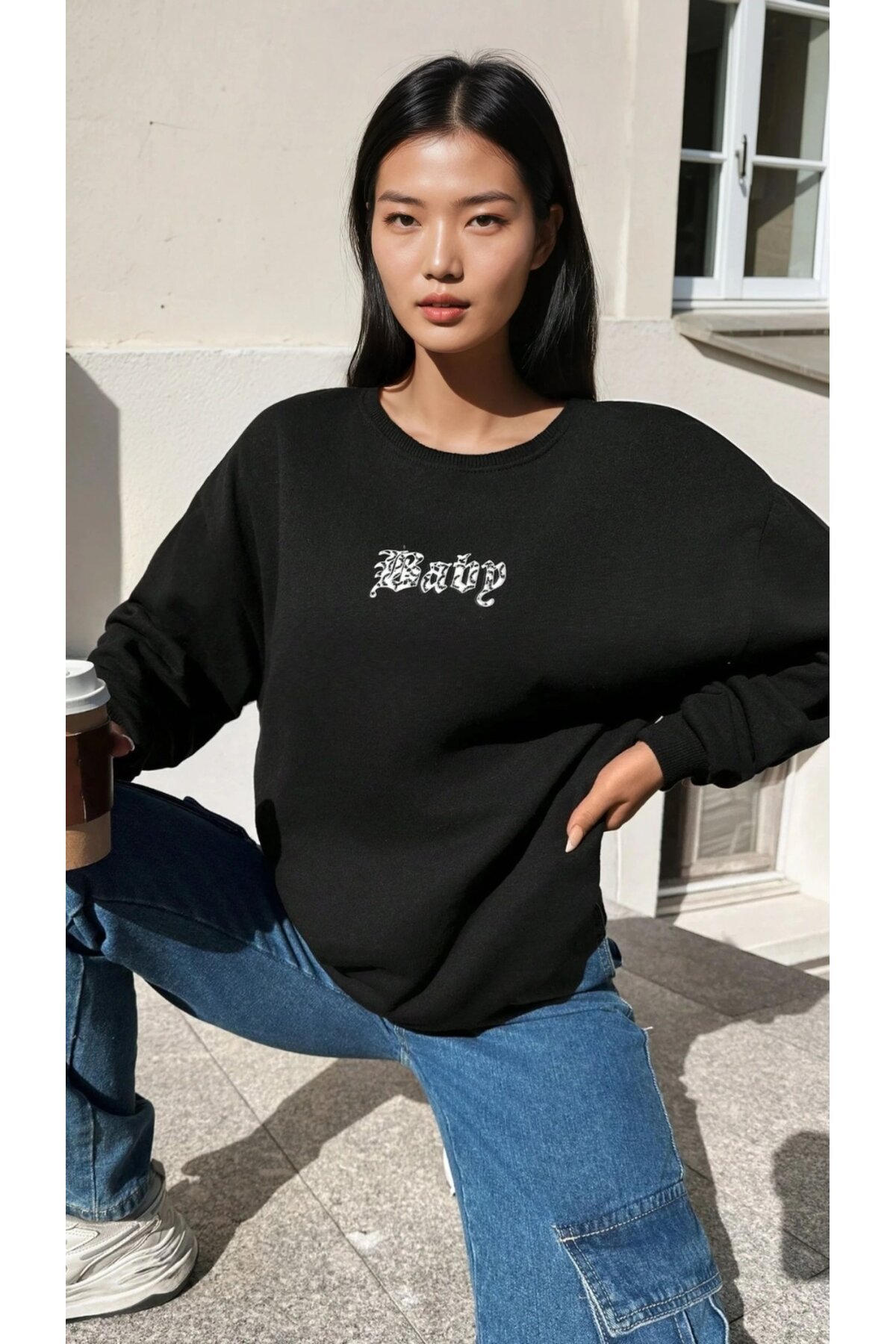Baskılı Üç İplik Oversize Siyah Sweatshirt
