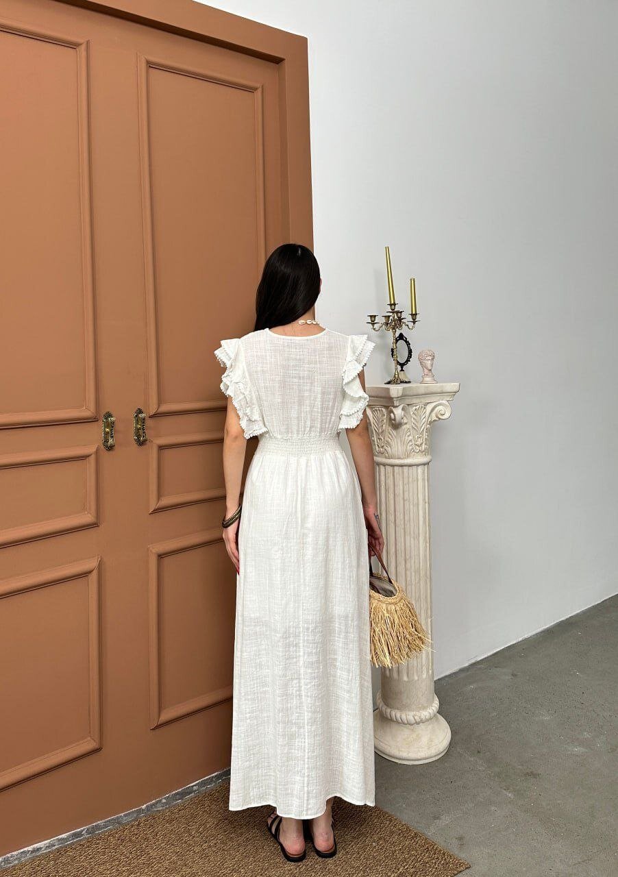 Beli Gipeli Beyaz Keten Elbise