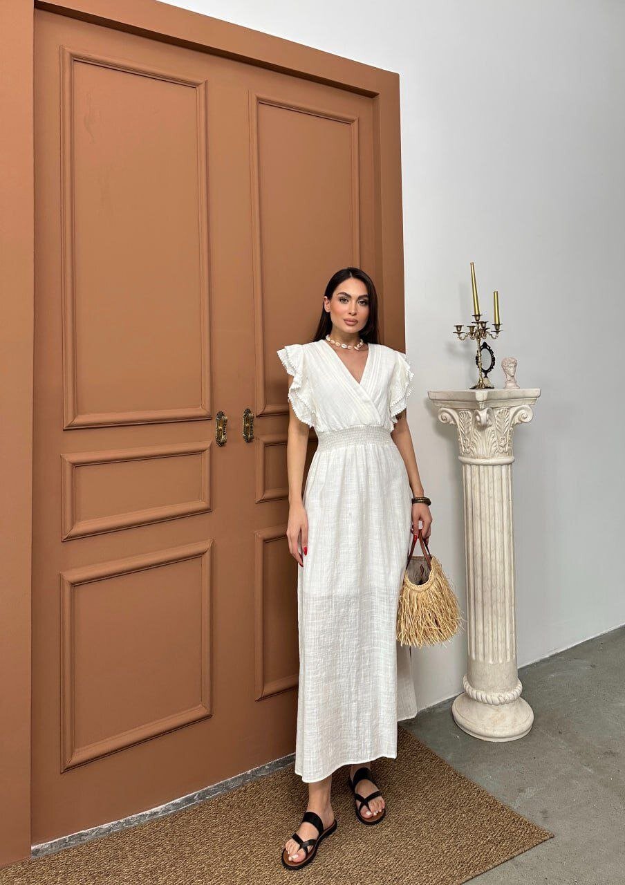 Beli Gipeli Beyaz Keten Elbise