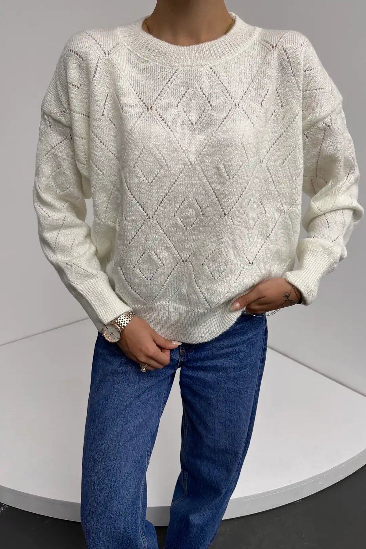 Bisiklet Yaka Baklava Desenli Triko Kazak Ekru