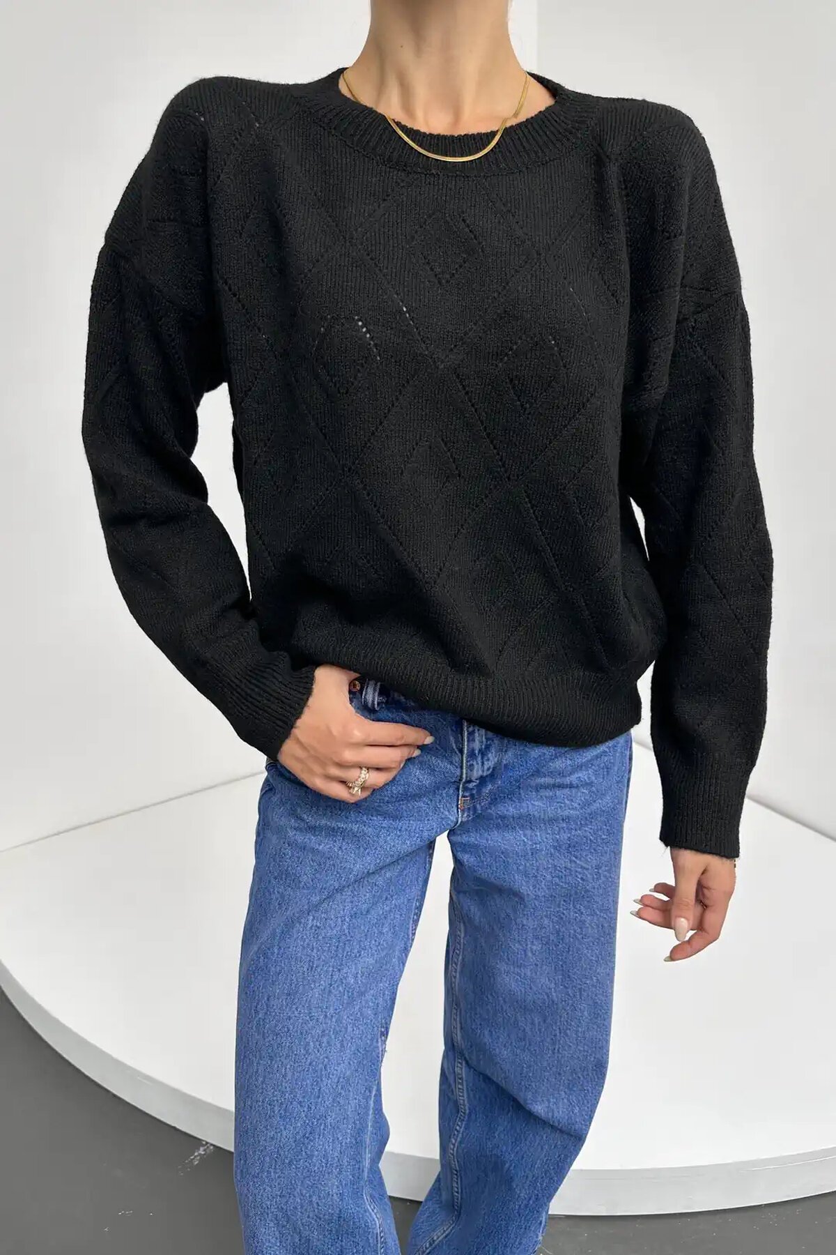 Bisiklet Yaka Baklava Desenli Triko Kazak Siyah