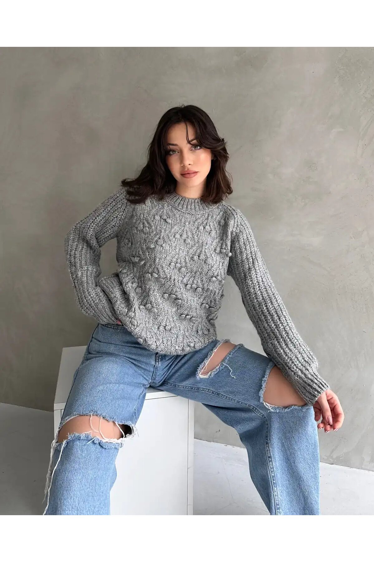 Bisiklet Yaka Bürümcük Detaylı Triko Kazak Gri