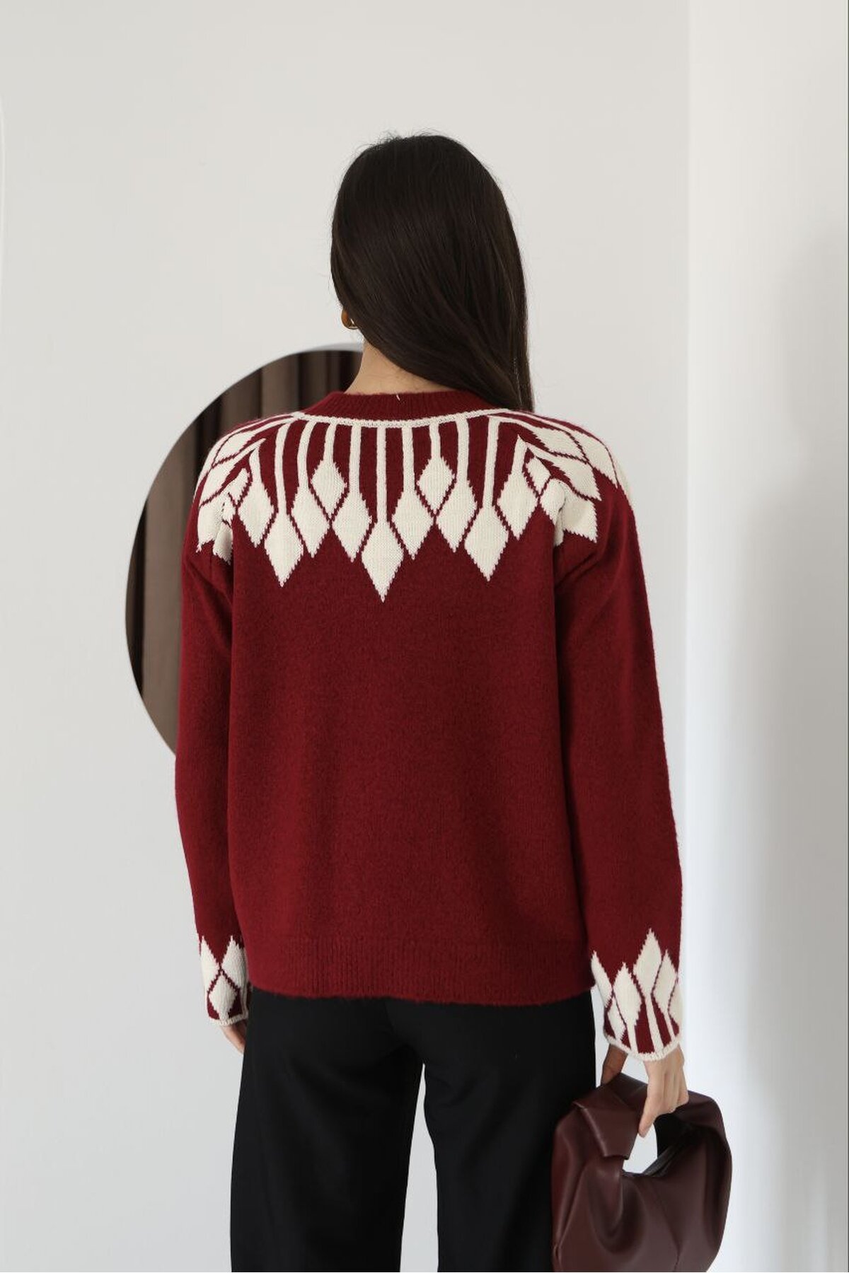 Bisiklet Yaka Desenli Triko Kazak Bordo