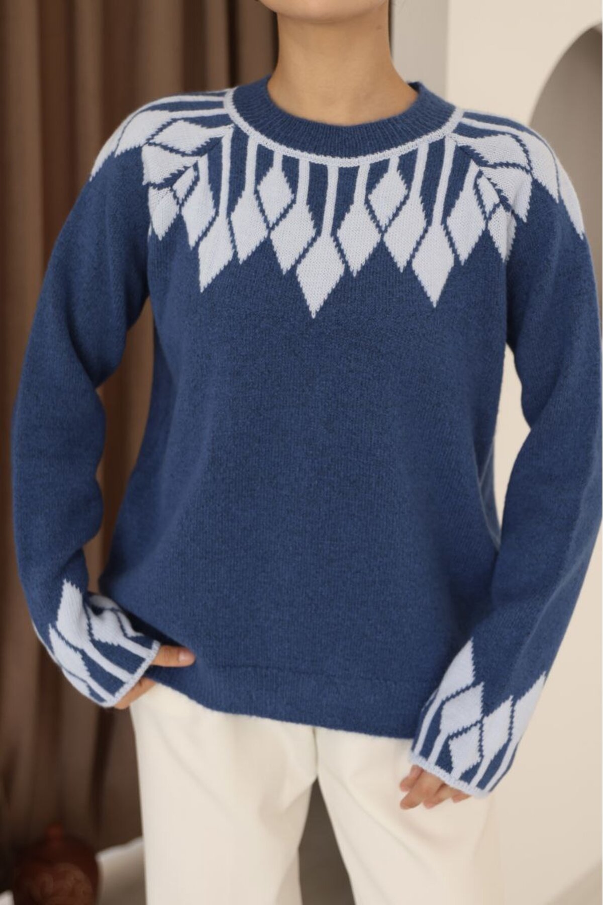 Bisiklet Yaka Desenli Triko Kazak Mavi