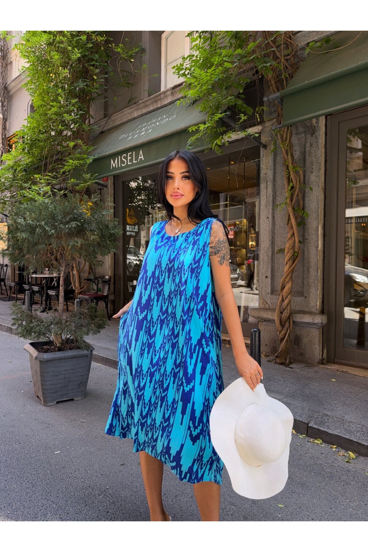 Bisiklet Yaka Desenli Viskon Elbise