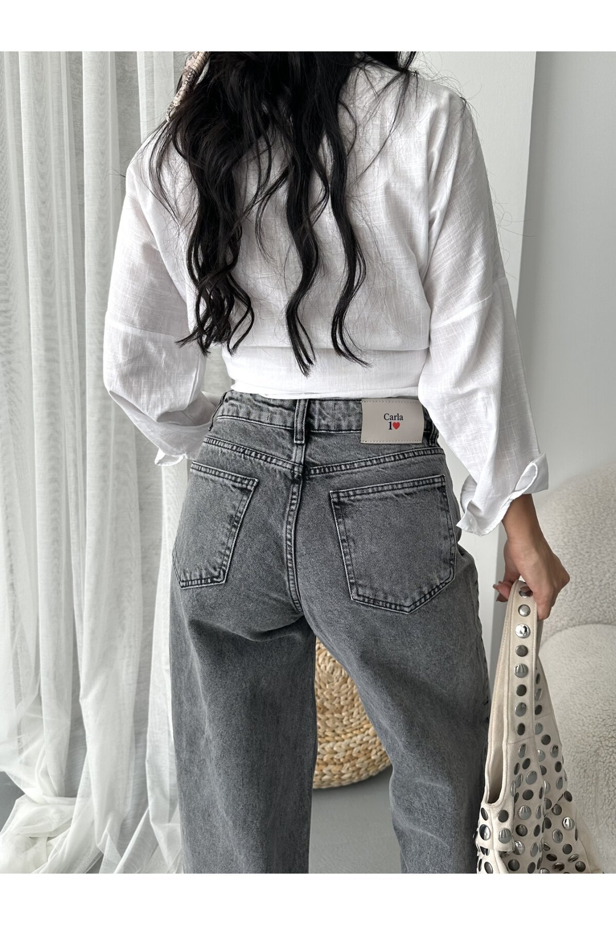 Bol Cepli Geniş Paça Siyah Kot Pantolon