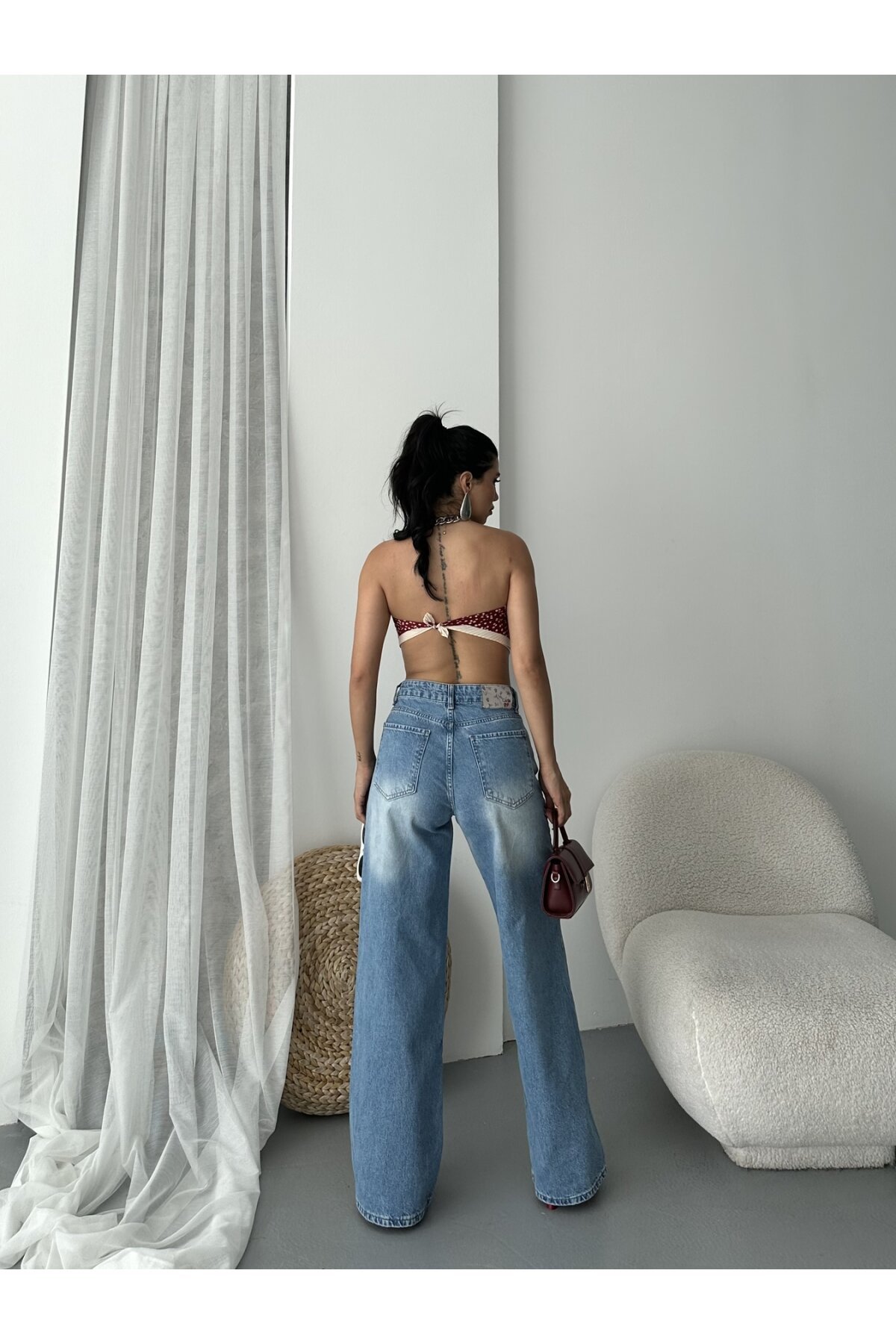 Bol Cepli Geniş Paça Yıkamalı Kot Pantolon