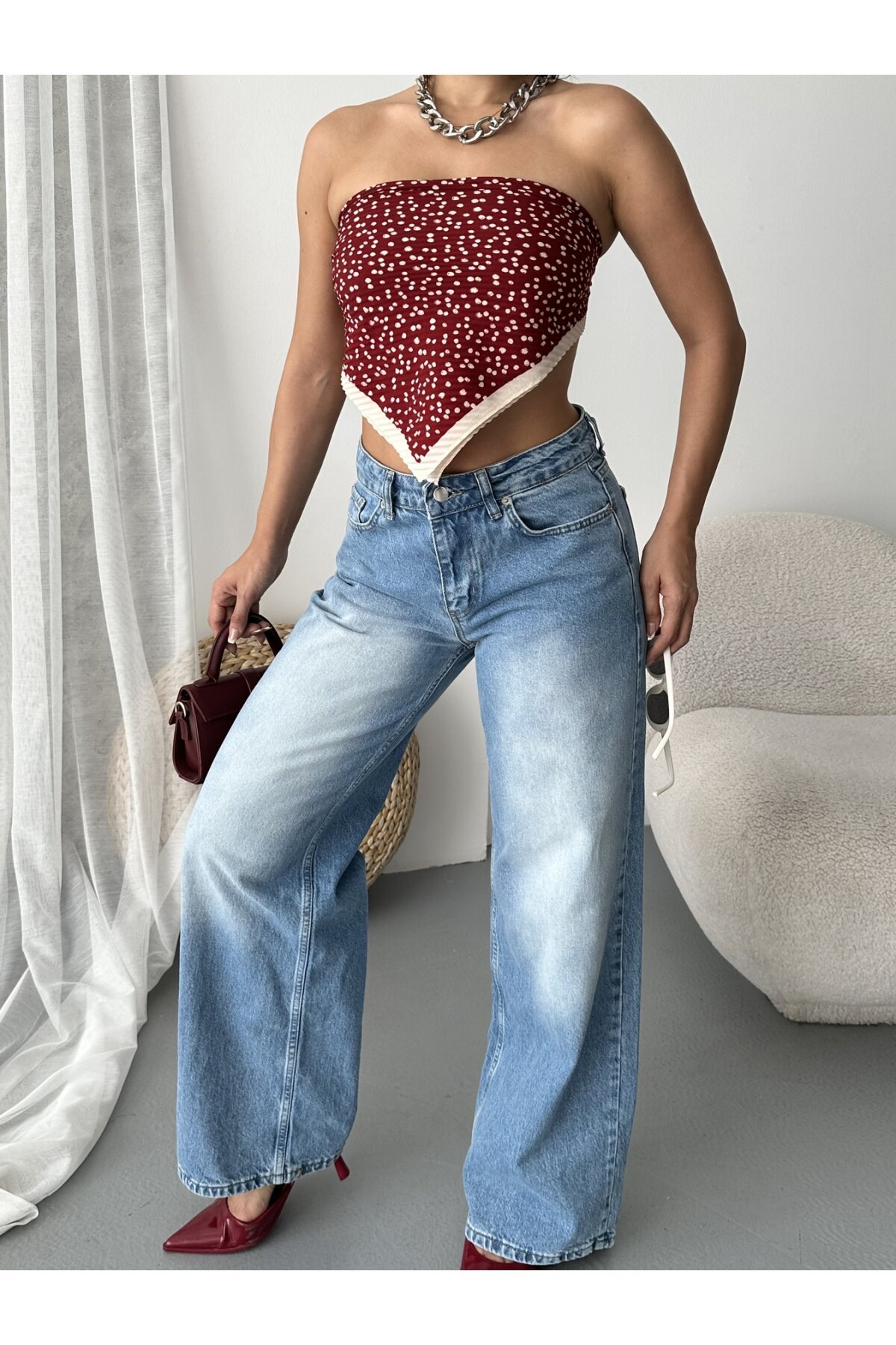 Bol Cepli Geniş Paça Yıkamalı Kot Pantolon