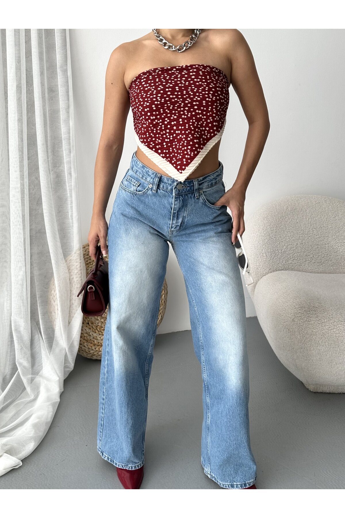 Bol Cepli Geniş Paça Yıkamalı Kot Pantolon