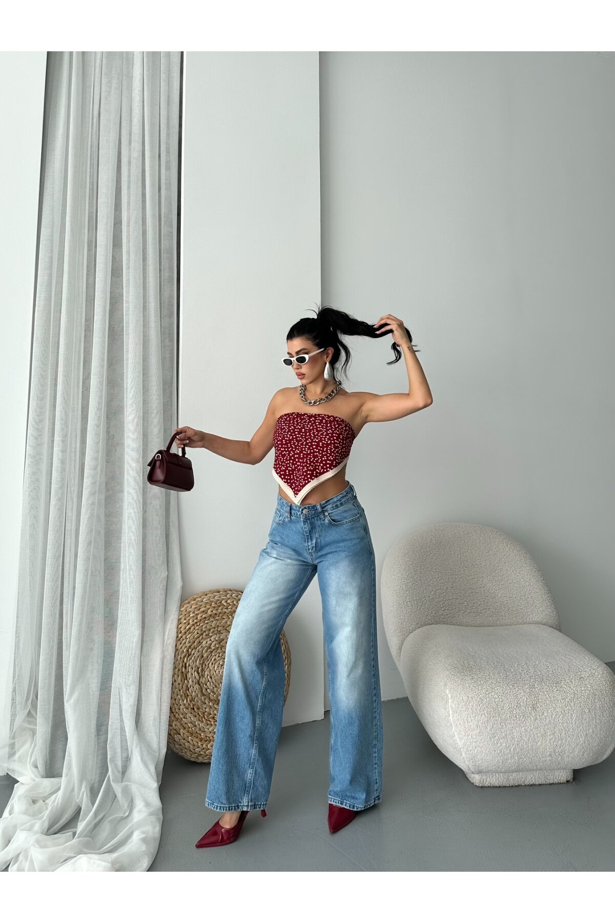 Bol Cepli Geniş Paça Yıkamalı Kot Pantolon