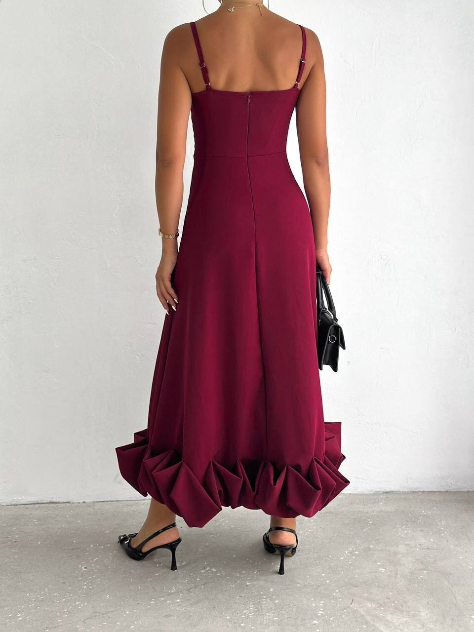 Bordo İthal Dabıl Kumaş Eteği Fırfırlı Elbise