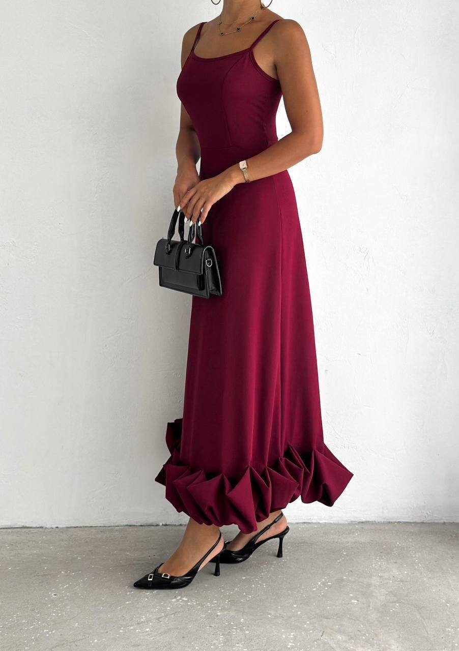 Bordo İthal Dabıl Kumaş Eteği Fırfırlı Elbise