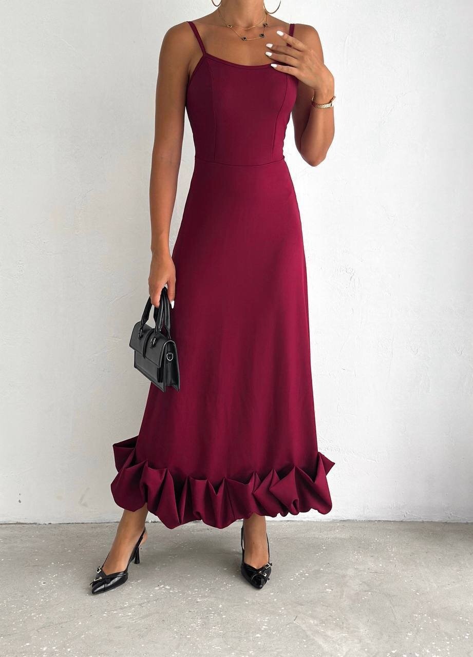 Bordo İthal Dabıl Kumaş Eteği Fırfırlı Elbise