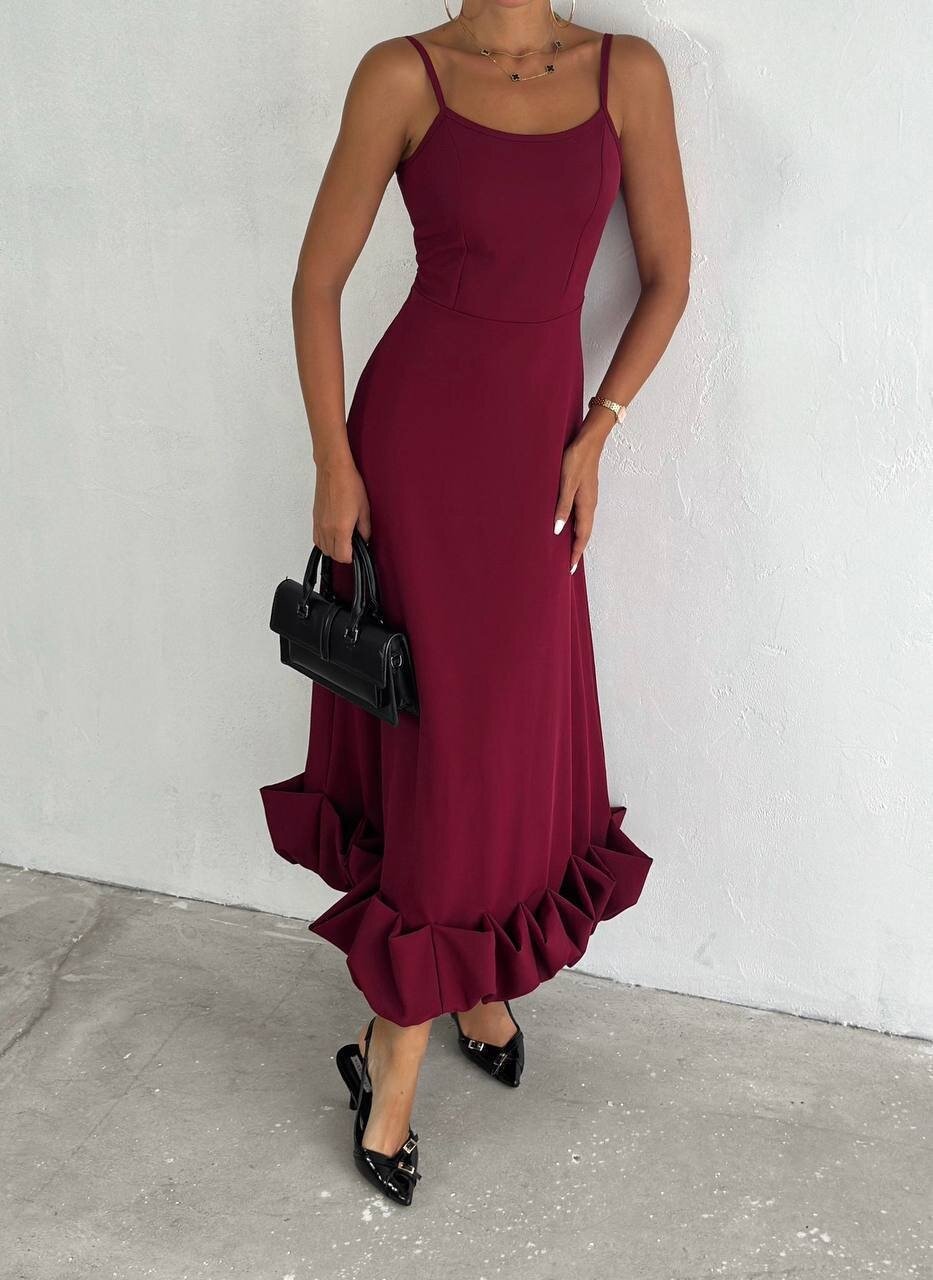 Bordo İthal Dabıl Kumaş Eteği Fırfırlı Elbise