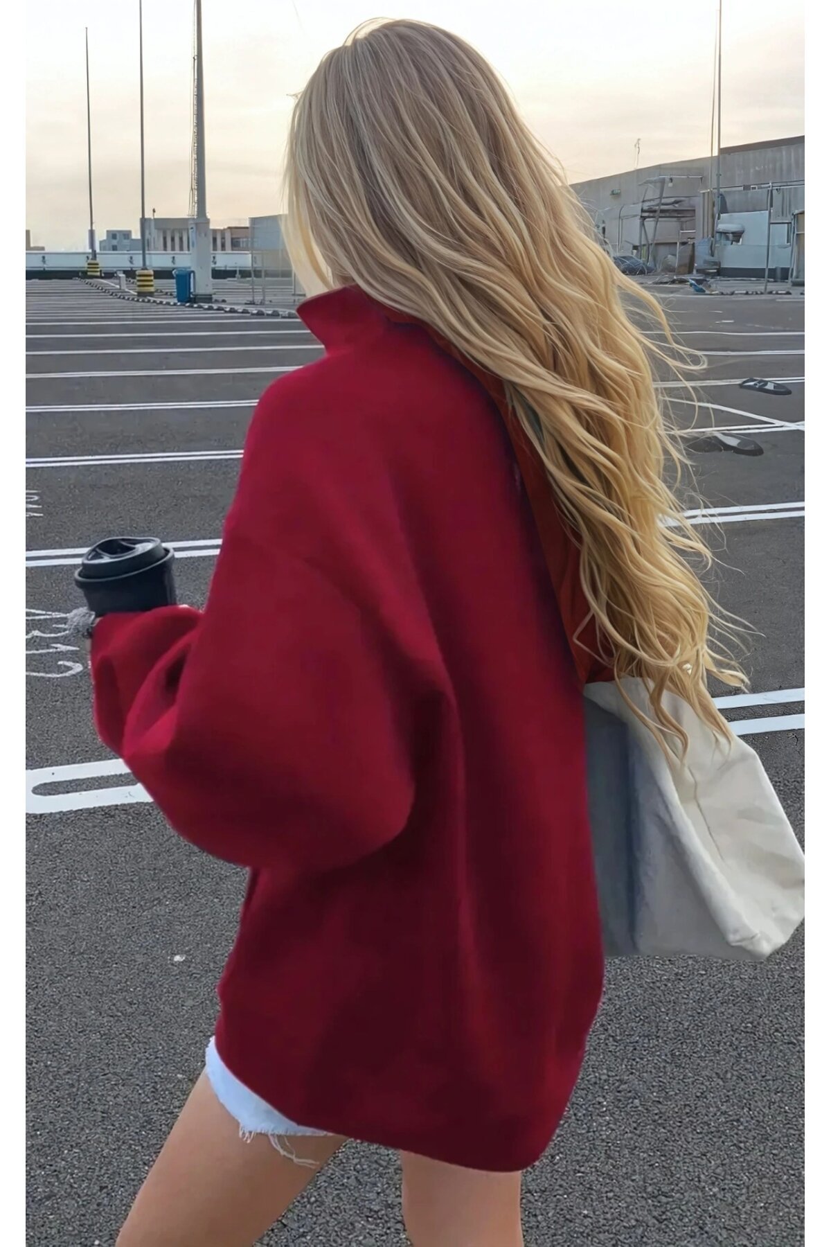 Bordo NYC Fermuarlı Üç İplik Oversize Sweatshirt