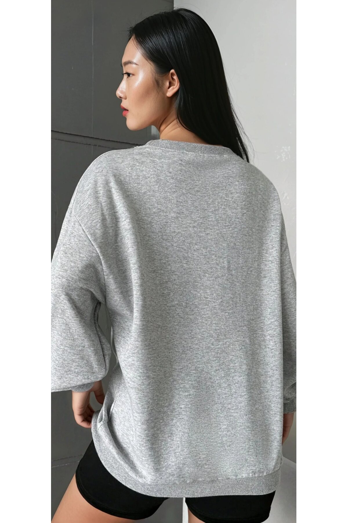 Boston Baskılı Gri Oversize Üç İplik Kadın Sweatshirt