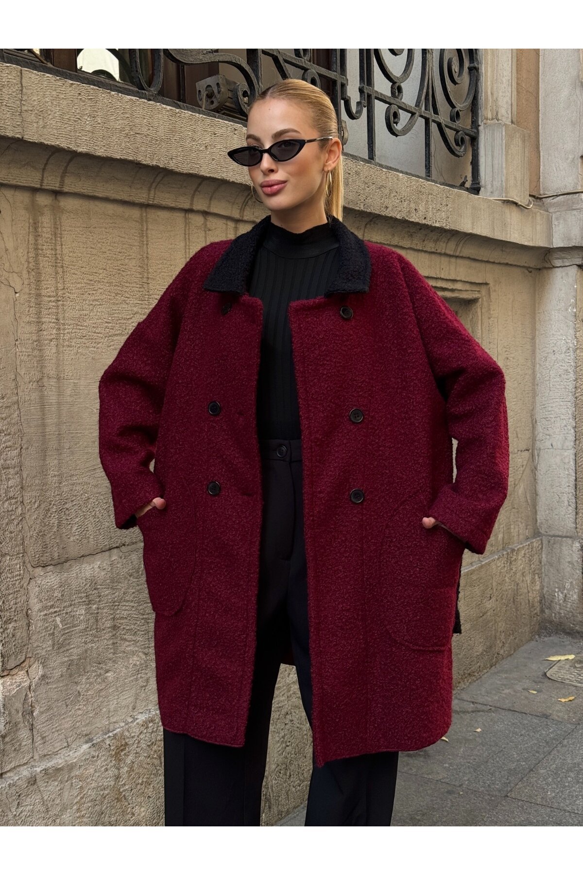 Buklet Kumaş Yaka Detay Düğmeli Mont Bordo
