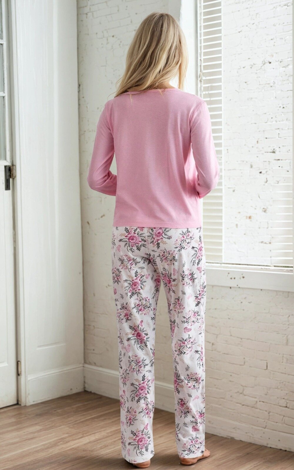 Cep Detay Çiçek Desen Uzun Kollu Pijama Takımı