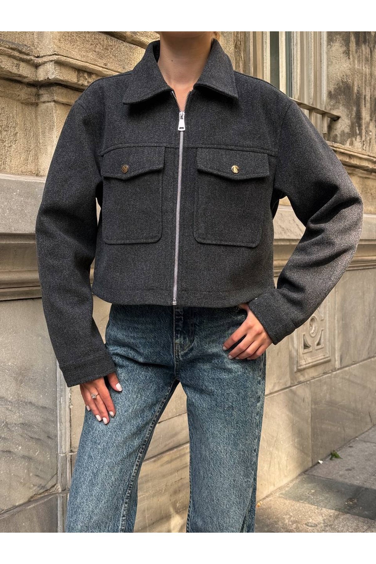 Cep Detay Kaşe Ceket Gri