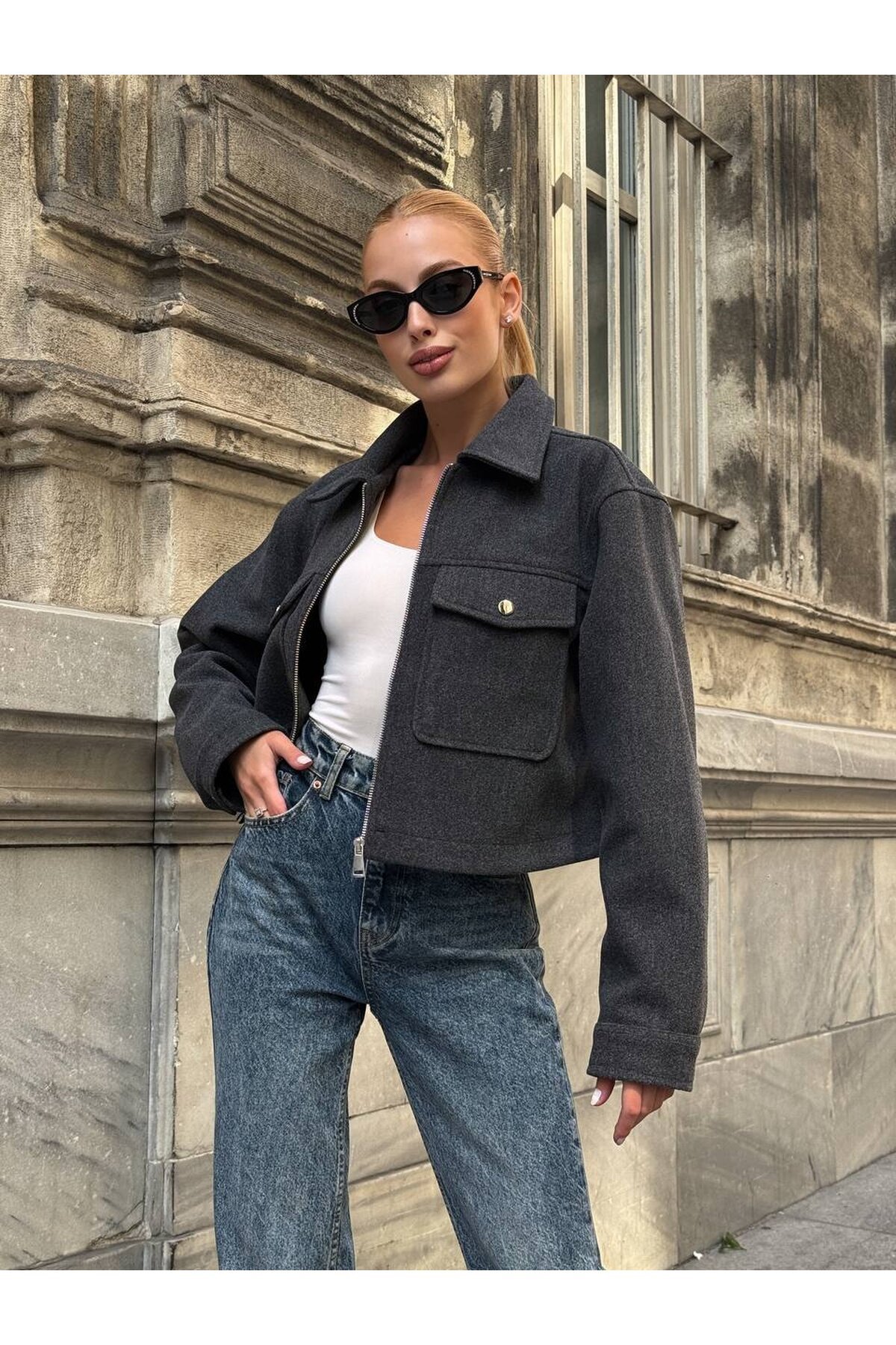 Cep Detay Kaşe Ceket Gri