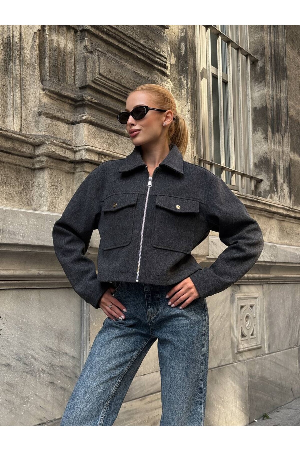 Cep Detay Kaşe Ceket Gri
