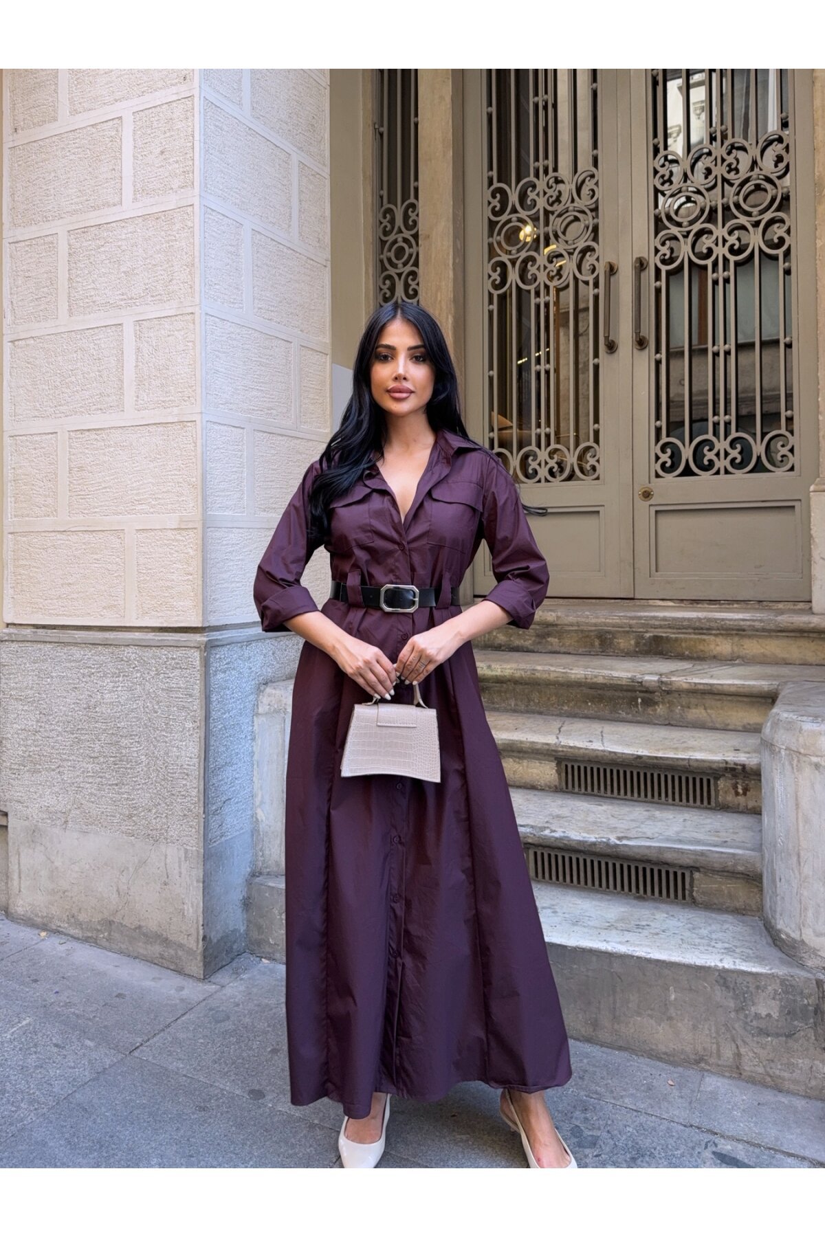 Çift Cep Detay Gömlek Elbise Mürdüm