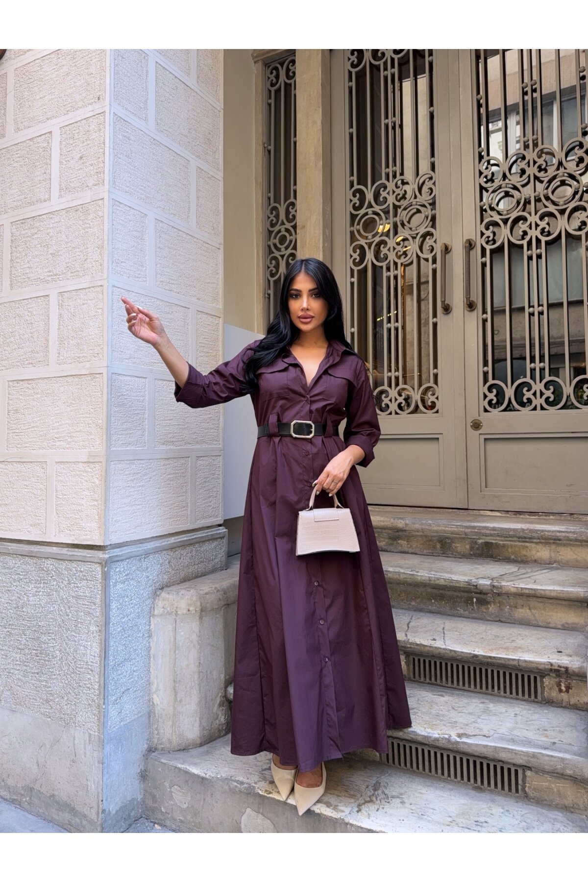 Çift Cep Detay Gömlek Elbise Mürdüm