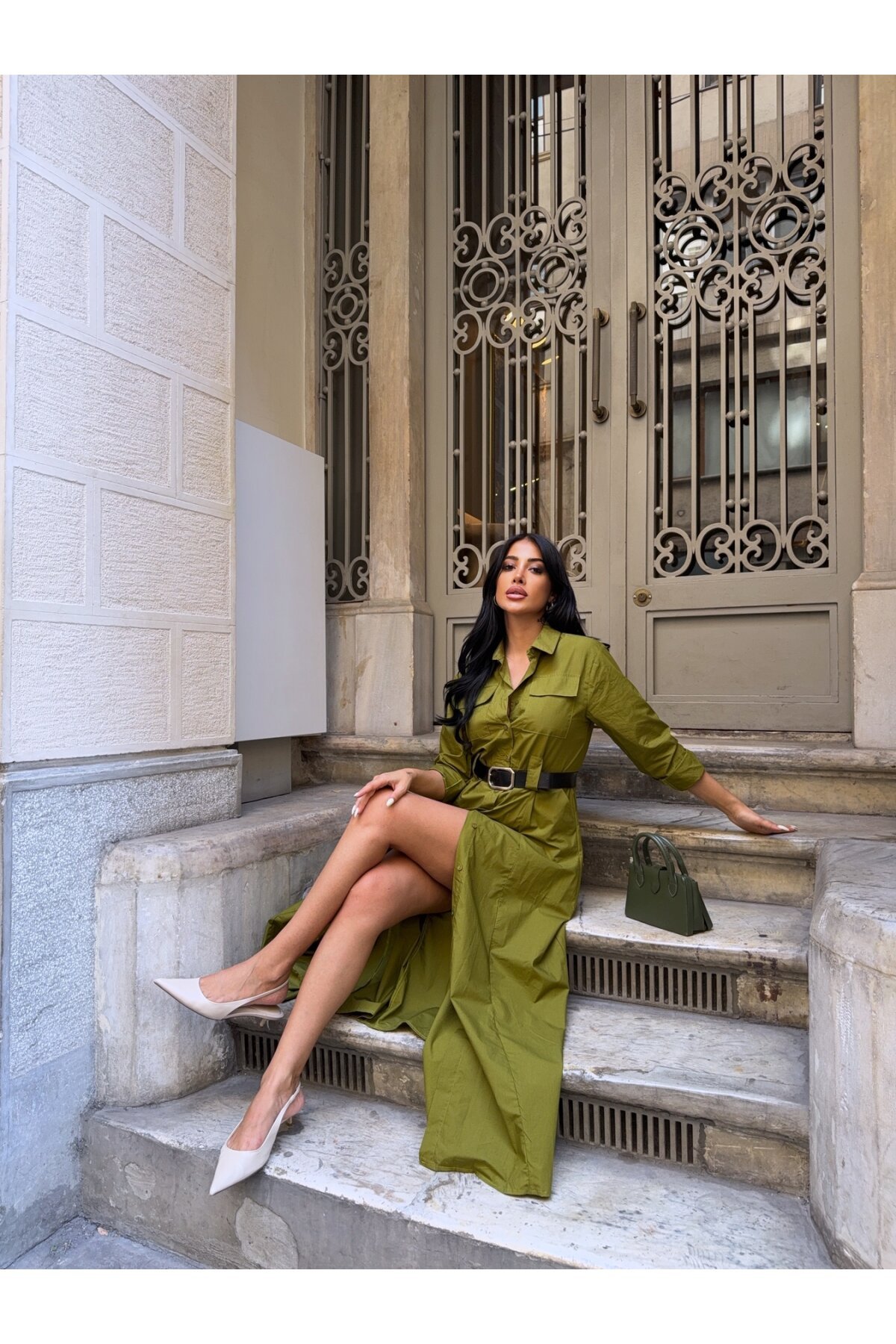 Çift Cep Detay Gömlek Elbise Yeşil