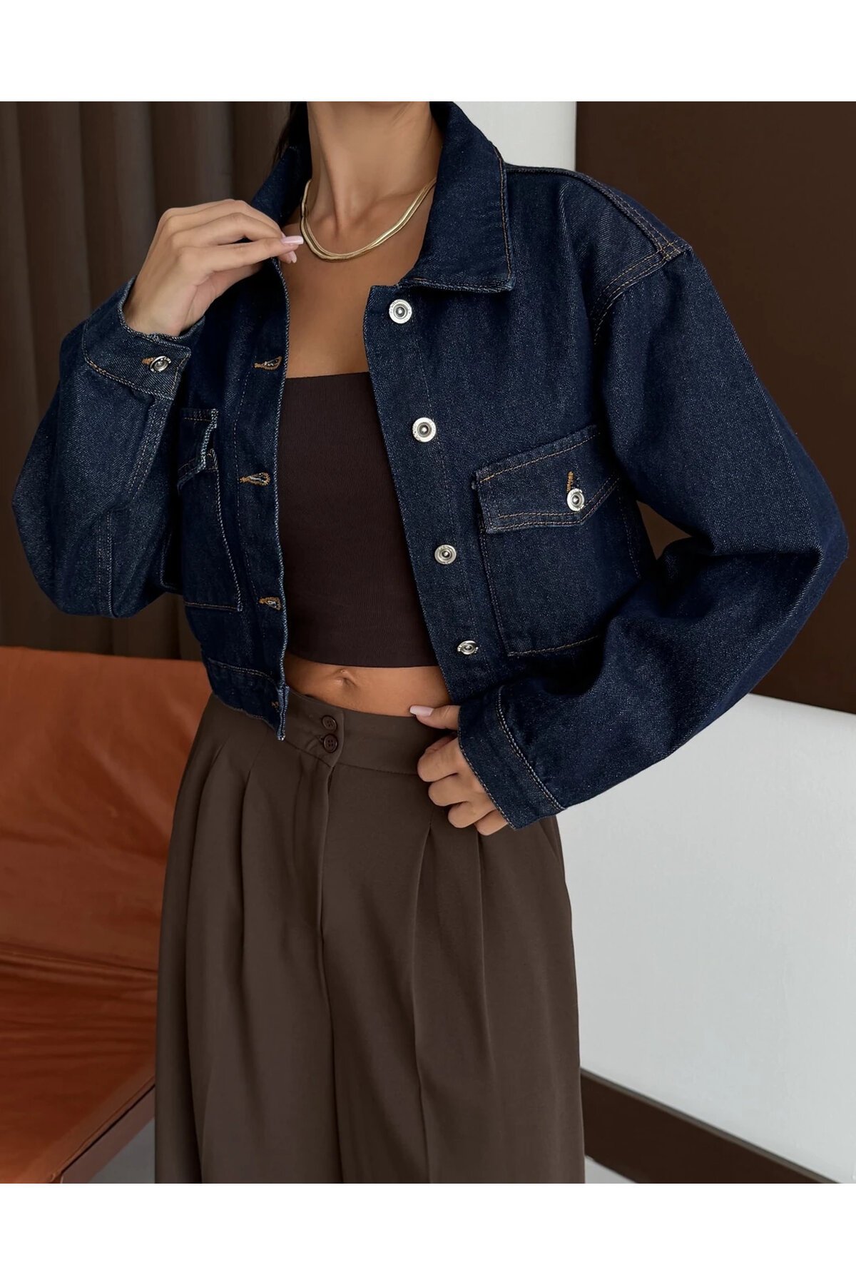 Çift Cepli Denim Crop Ceket