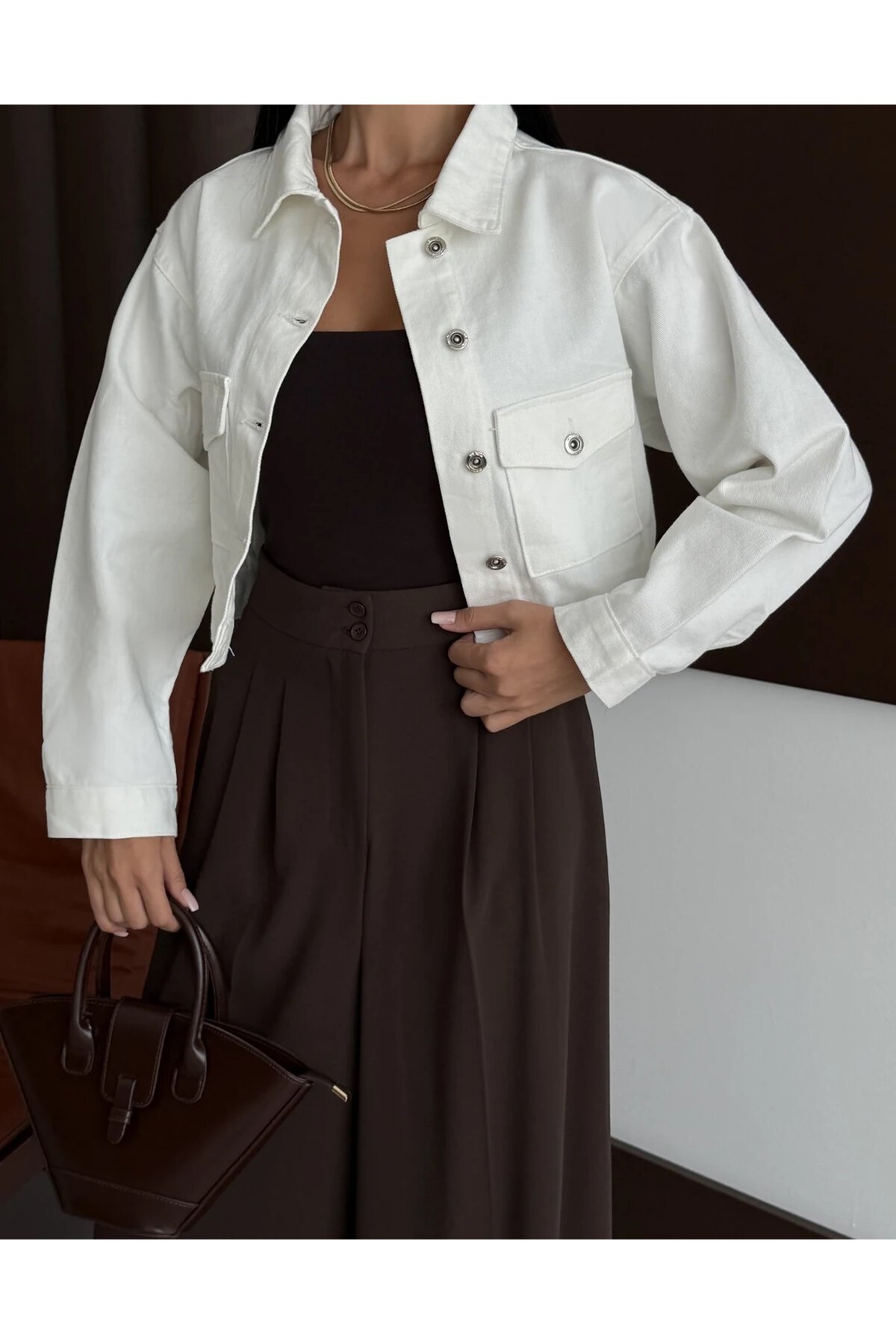 Çift Cepli Denim Crop Ceket