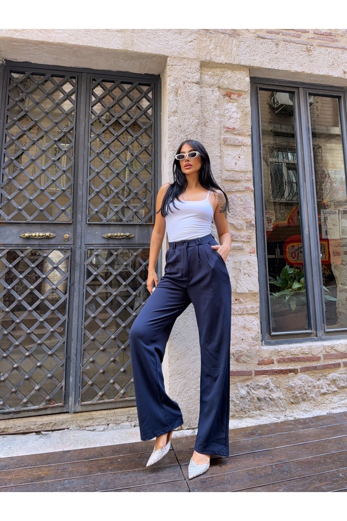 Çift Pileli Örme Palazzo Pantolon