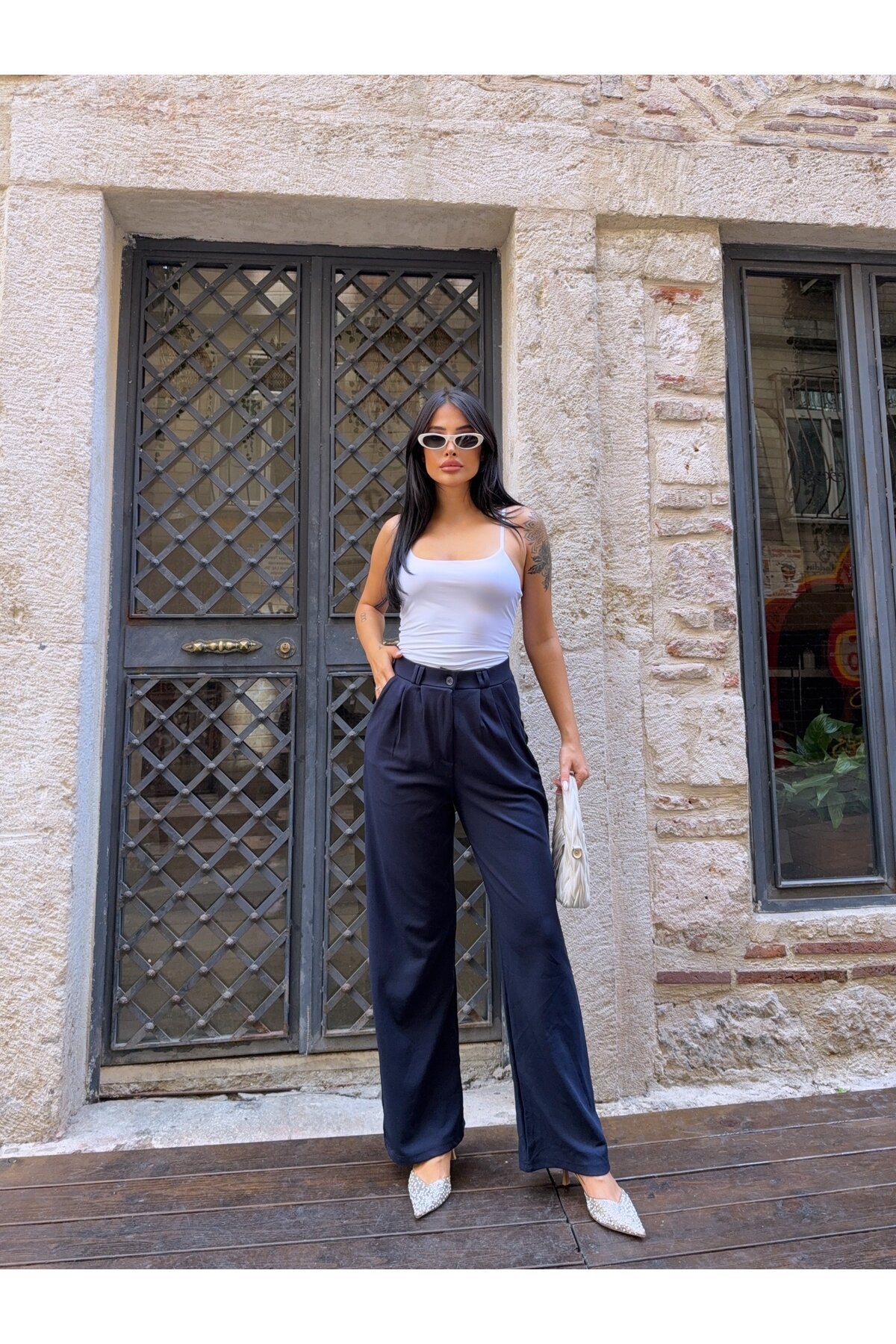 Çift Pileli Örme Palazzo Pantolon