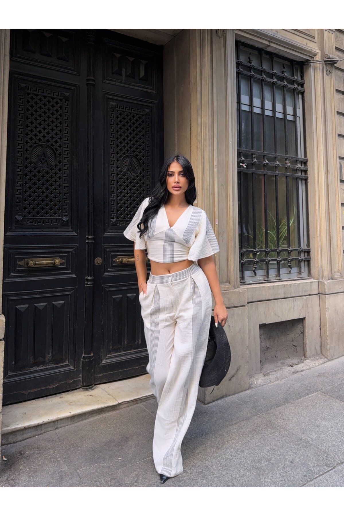 Çizgili Crop Pantalon Müslin Takım