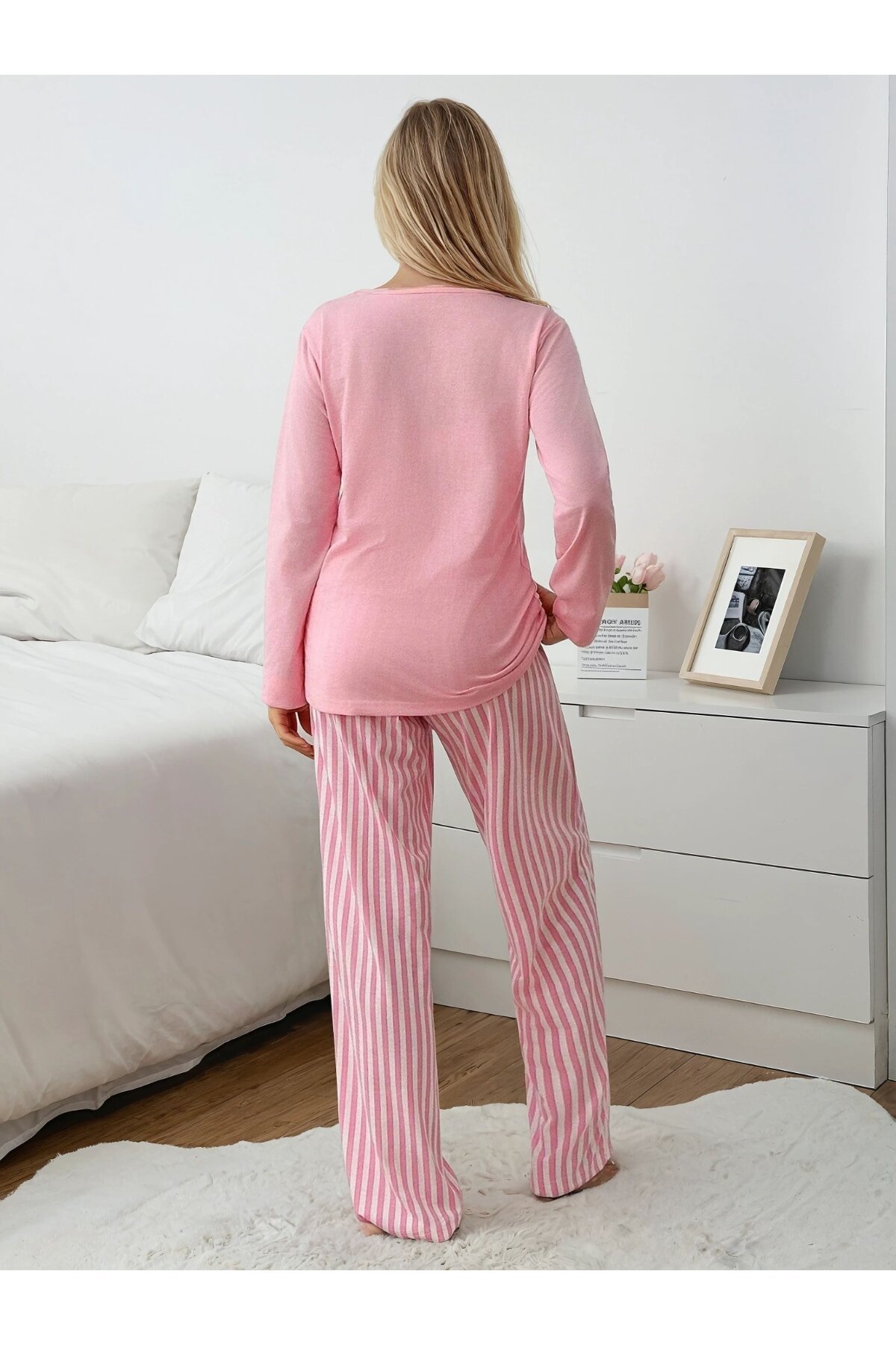 Çizgili Kalp Detay Uzun Kollu Pijama Takım