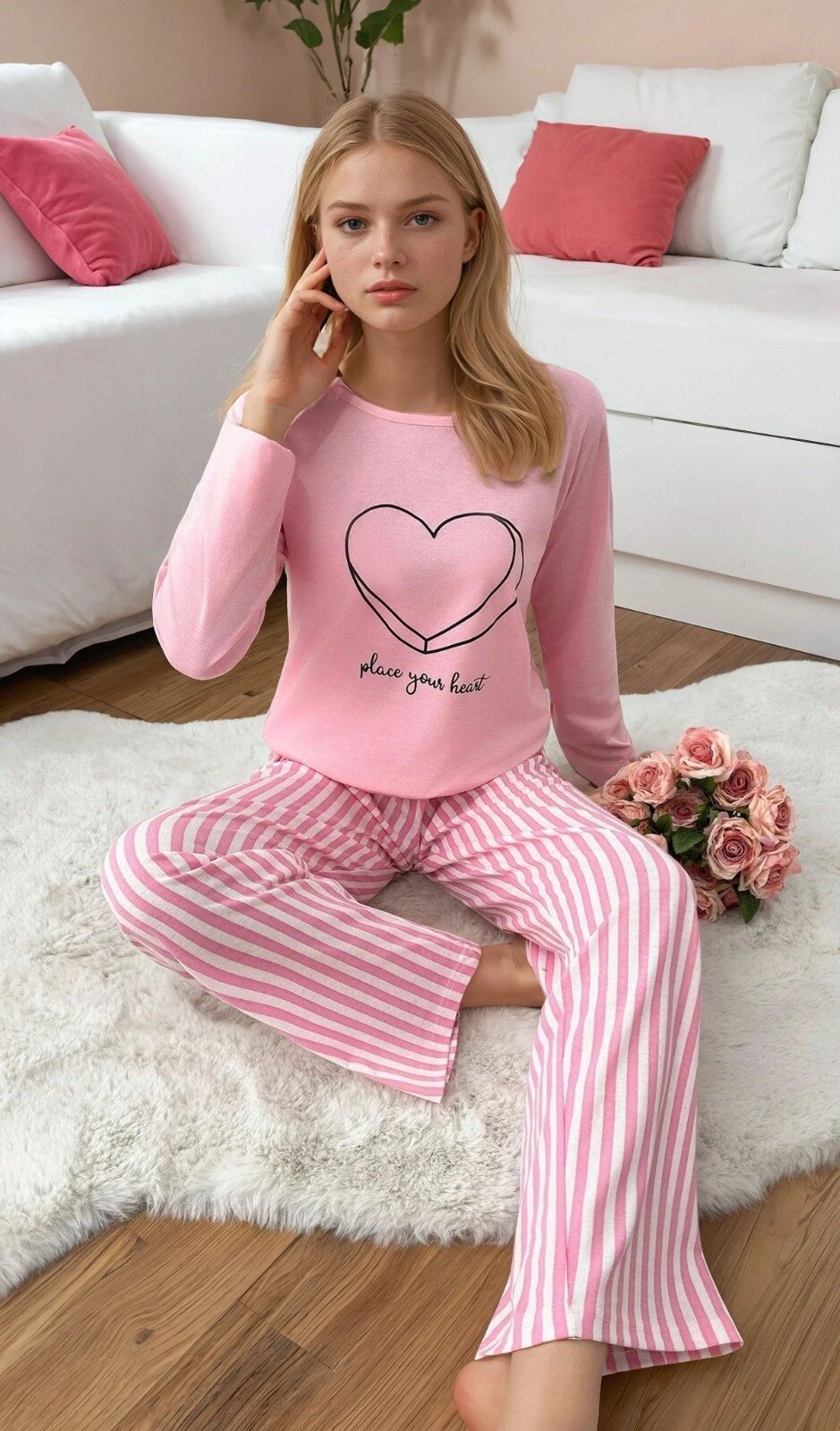 Çizgili Kalp Detay Uzun Kollu Pijama Takım