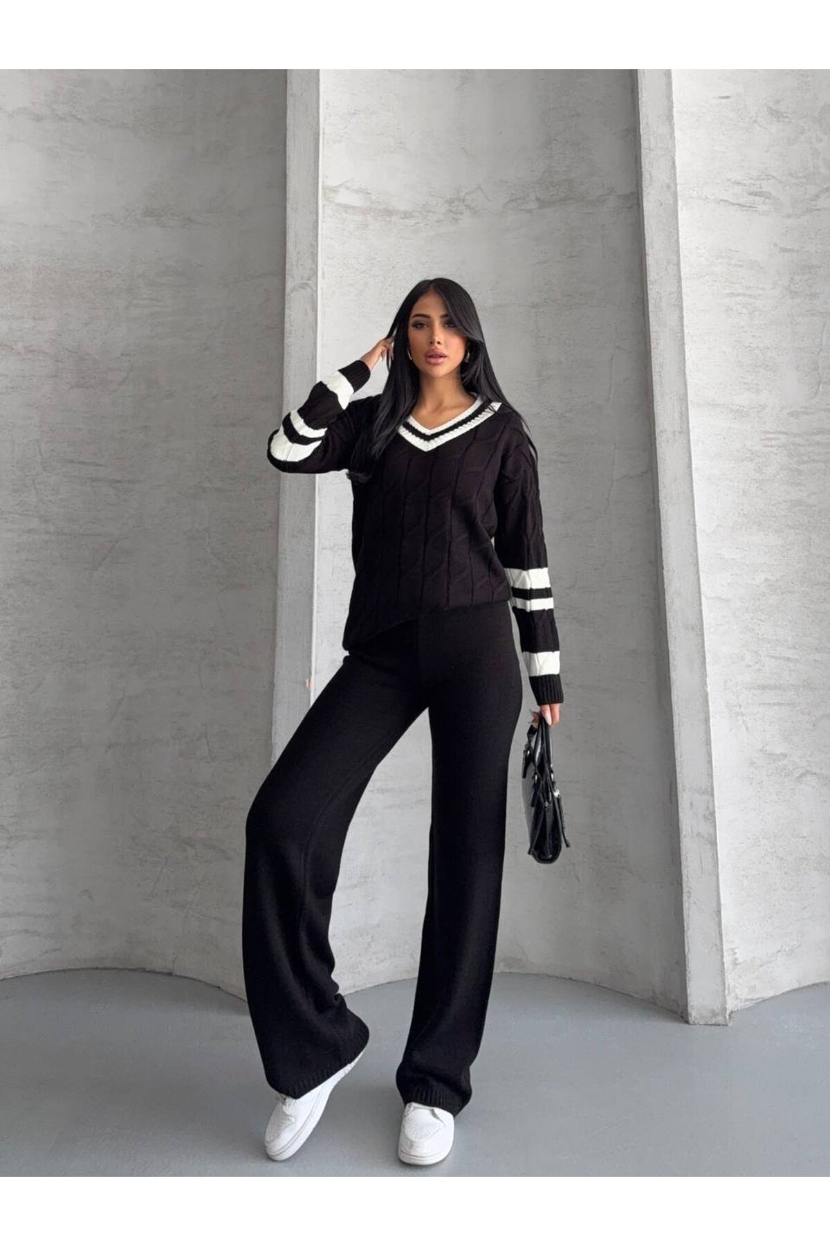 Çizgili Saç Örgü Takım