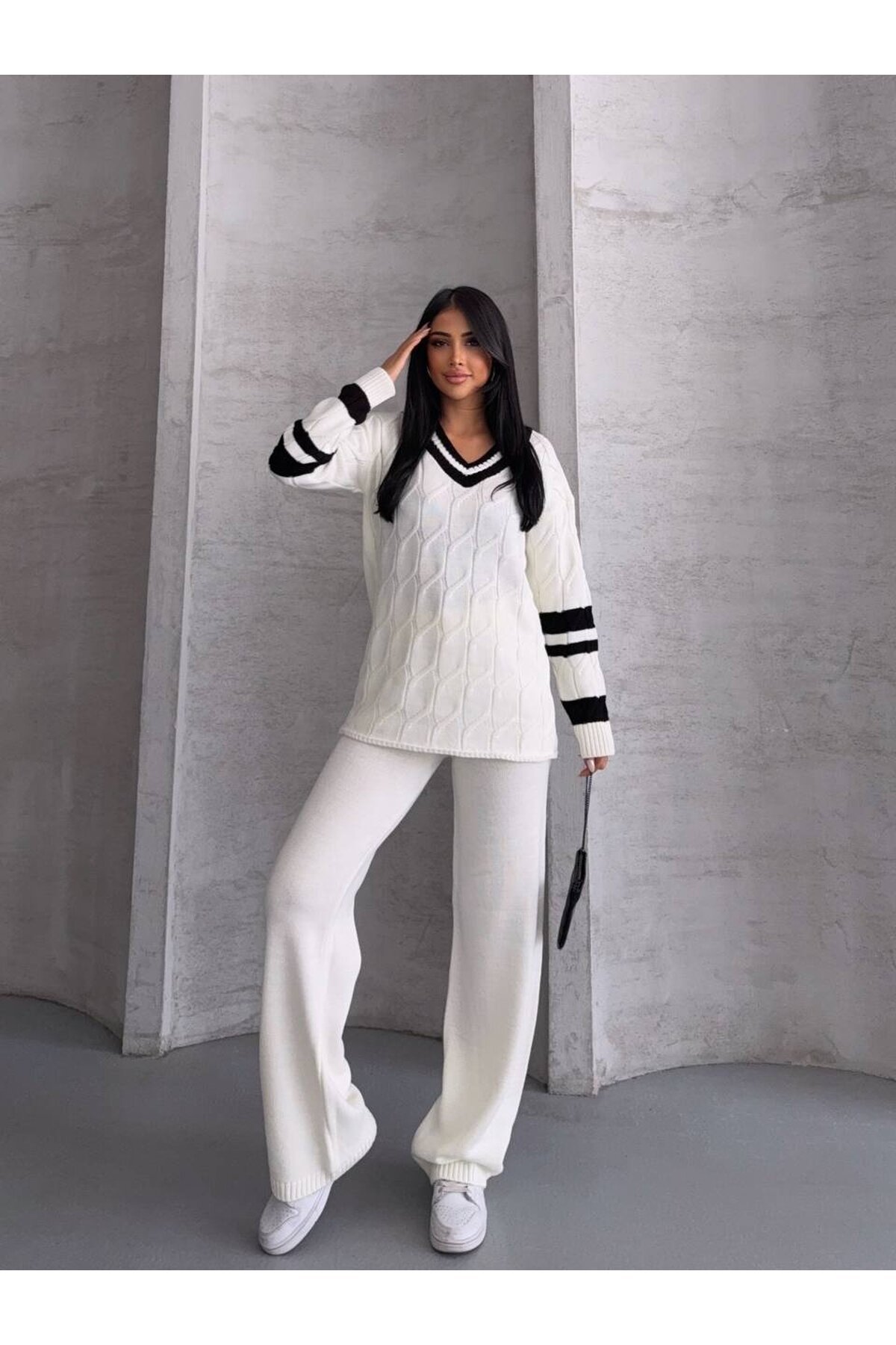 Çizgili Saç Örgü Takım