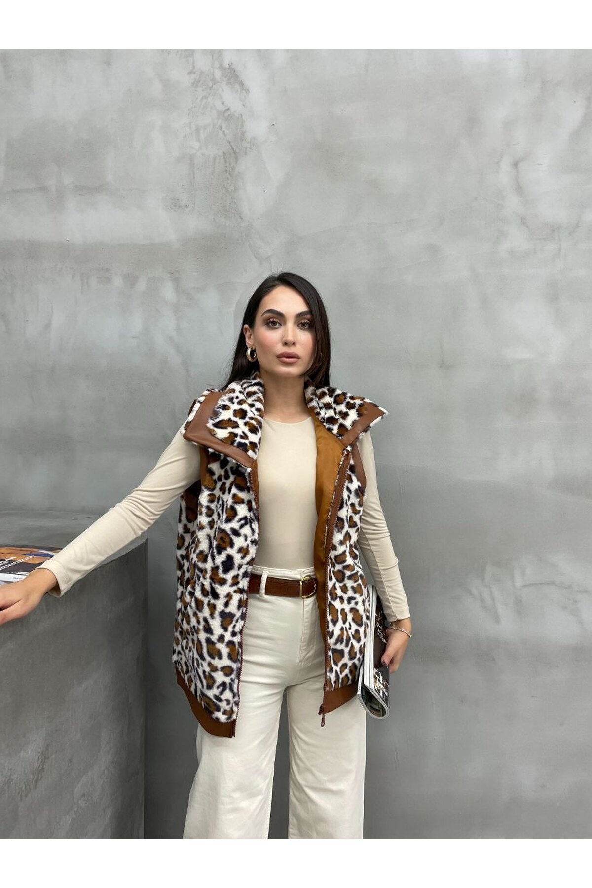 Deri Garnili Astarlı Leopar Yelek
