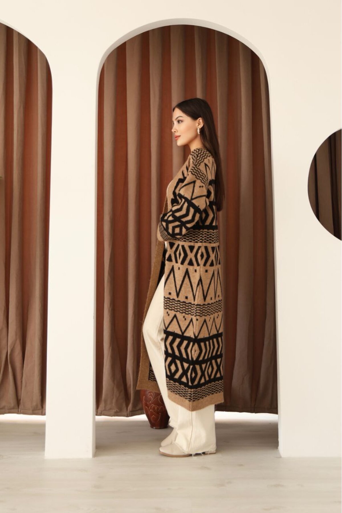 Desenli Saçaklı Uzun Boy Triko Hırka Kahve